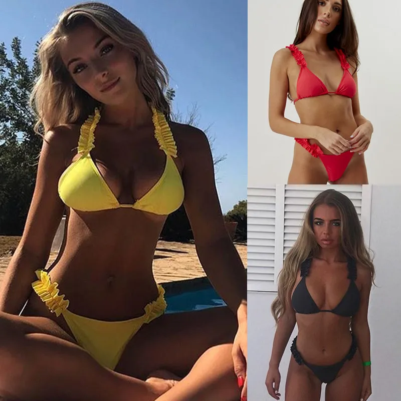 2018 сексуальный комплект бикини с рюшами пуш ап женский однотонный купальник