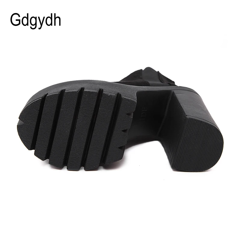 Gdgydh/модные черные женские ботильоны на толстом каблуке; сезон весна-осень; обувь из флока на платформе; черные женские ботинки на высоком каблуке на молнии
