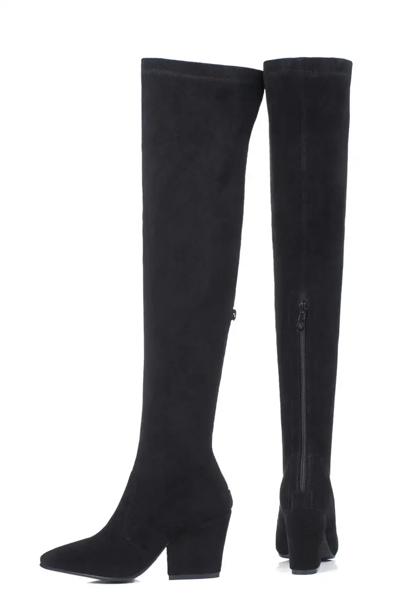 Женские сапоги выше колена MORAZORA черные из флока на квадратном каблуке острый