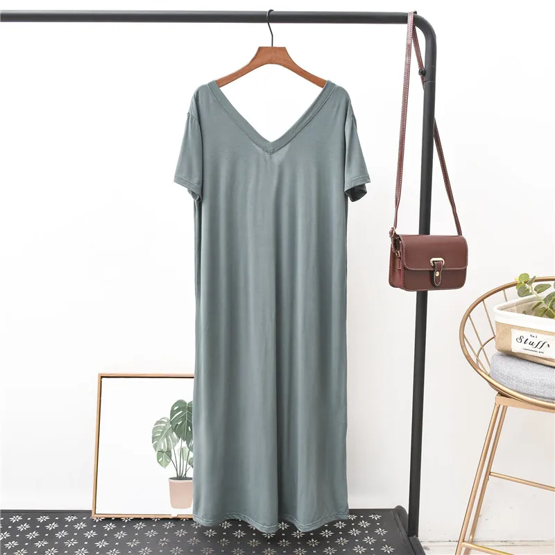 Летнее длинное женское пляжное платье до середины икры Vestidos с v-образным вырезом и коротким рукавом, повседневное домашнее платье из модала