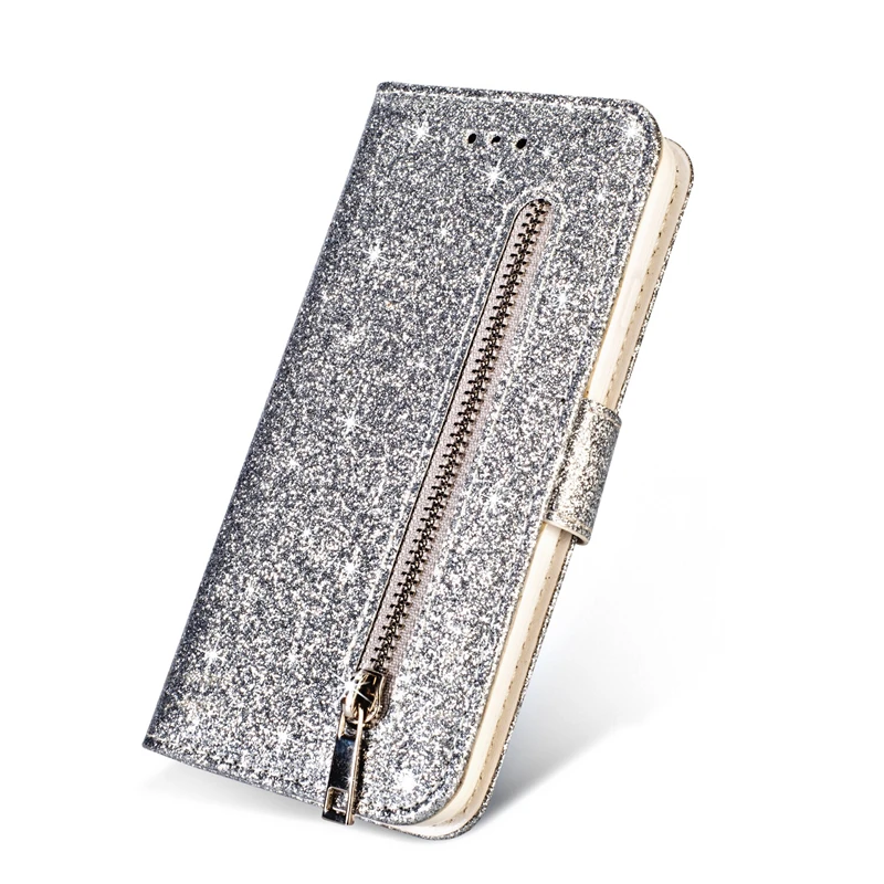 silver Блестящий чехол-кошелек для samsung S6 S7 S8 S9 Plus Edge Note 8 9 чехол s с застежкой-молнией книжка блестящая откидная крышка кошелек телефон оболочка для A5 A6 A7 - Цвет: silver