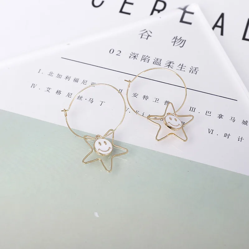 Корейский смайлик пятиконечная звезда полые круглые длинные висячие серьги