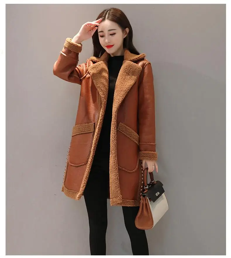 MSAISS Double-sideSheepskin Coat Women Winter Leather Jacket Brown Wine Shearling Coat Fur Collar Warm Leather Jacket Outerwear