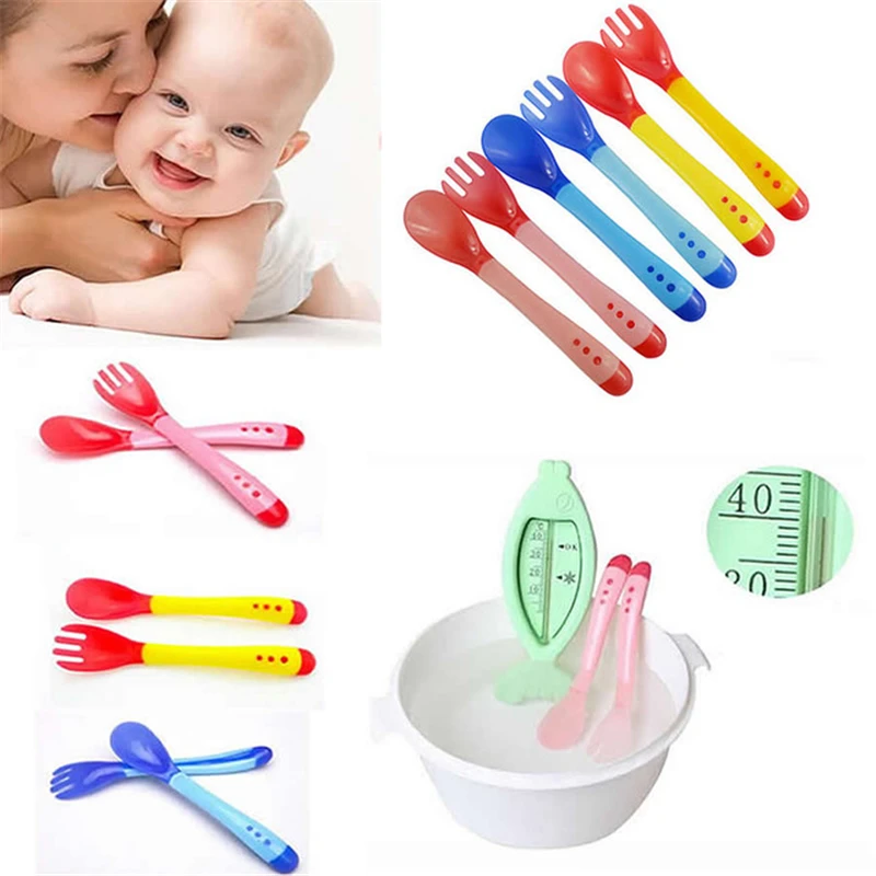 

1 Set Baby Temperature Sensing Spoon and Fork, Safety Silicone Feeding Flatware Baby Feeder Utensils Feeding Spoon Tableware