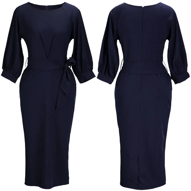 Новый Для женщин носить на работу темно-синий по колено Vogue Офисные наряды 3/4