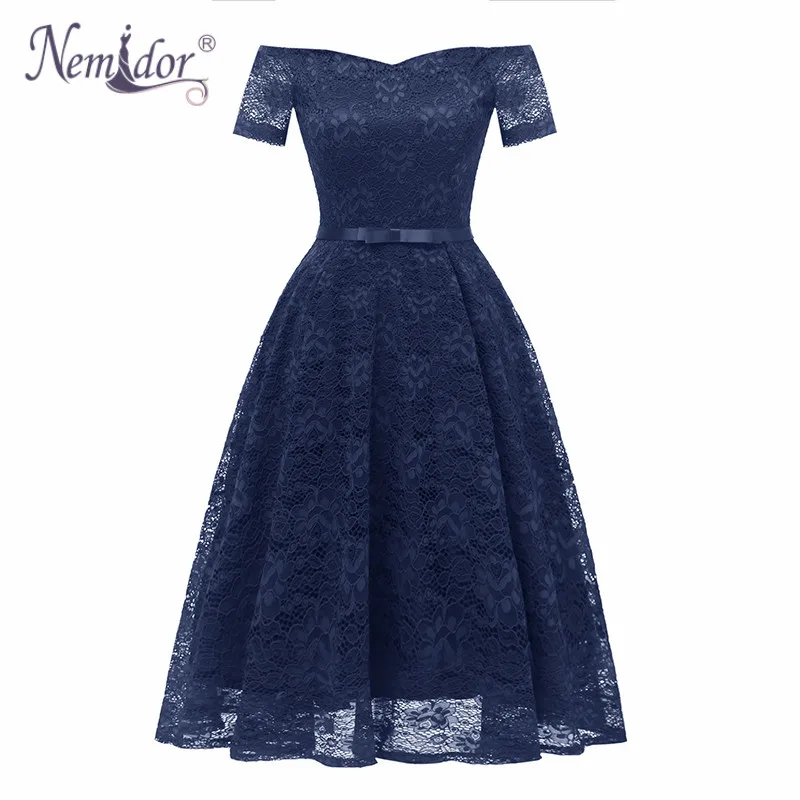 Nemidor 2019 Women Vintage Short Sleeve Bow Summer Swing A-line Dress Sexy Slash Neck Patchwork Midi Party Lace | Женская одежда
