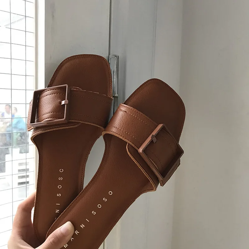2019 new summer women's Fish mouth fashion fresh air Korean outfit buckle flat slippers size 35-39 f806 | Обувь