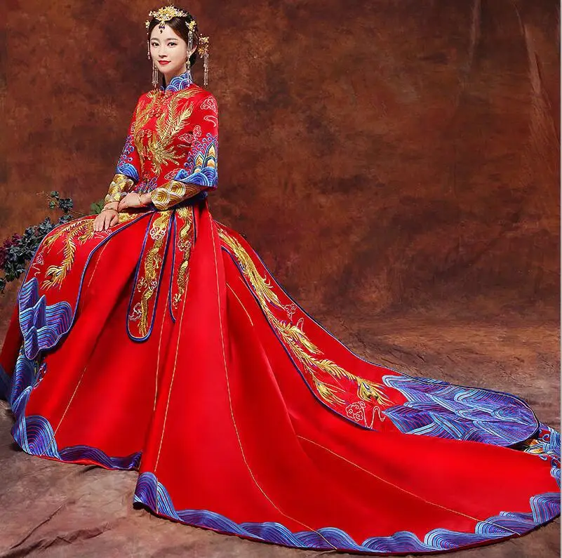 train Свадебные туфли невесты Cheongsam красный Новое традиционное китайское свадебное платья Для женщин феникс вышитое платье-чанпао платье Розовая одежда кимоно - Цвет: train