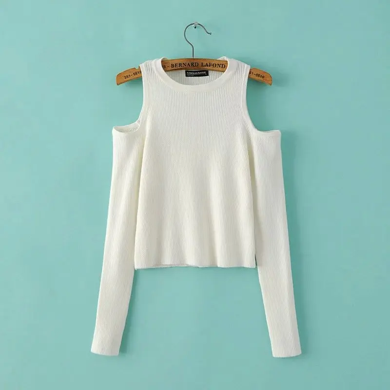 White Autumn Winter Women Casual Sexy Off Shoulder Long Sleeve Knitted Sweater Solid Skinny Slim Sweaters O-Neck Pullovers - Color: White