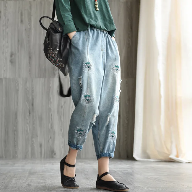 Весна Лето Джинсы Модные женские свободные повседневные джинсовые брюки с