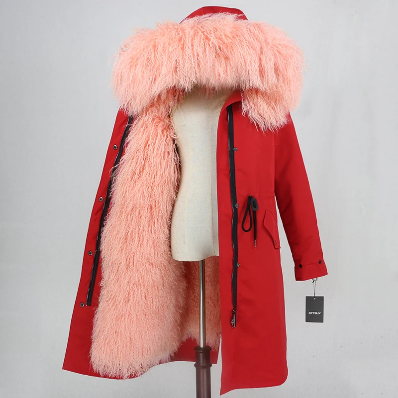 red pink Пальто с натуральным мехом, бренд X-long, водонепроницаемая парка, натуральная монгольская овца, зимняя куртка для женщин, теплая, съемная, уличная одежда, верхняя одежда - Цвет: red pink