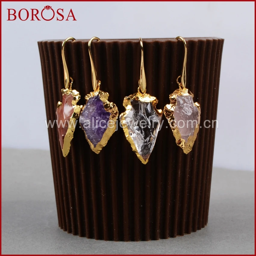 Новые серьги BOROSA золотого цвета с натуральным камнем и кварцевыми наконечниками