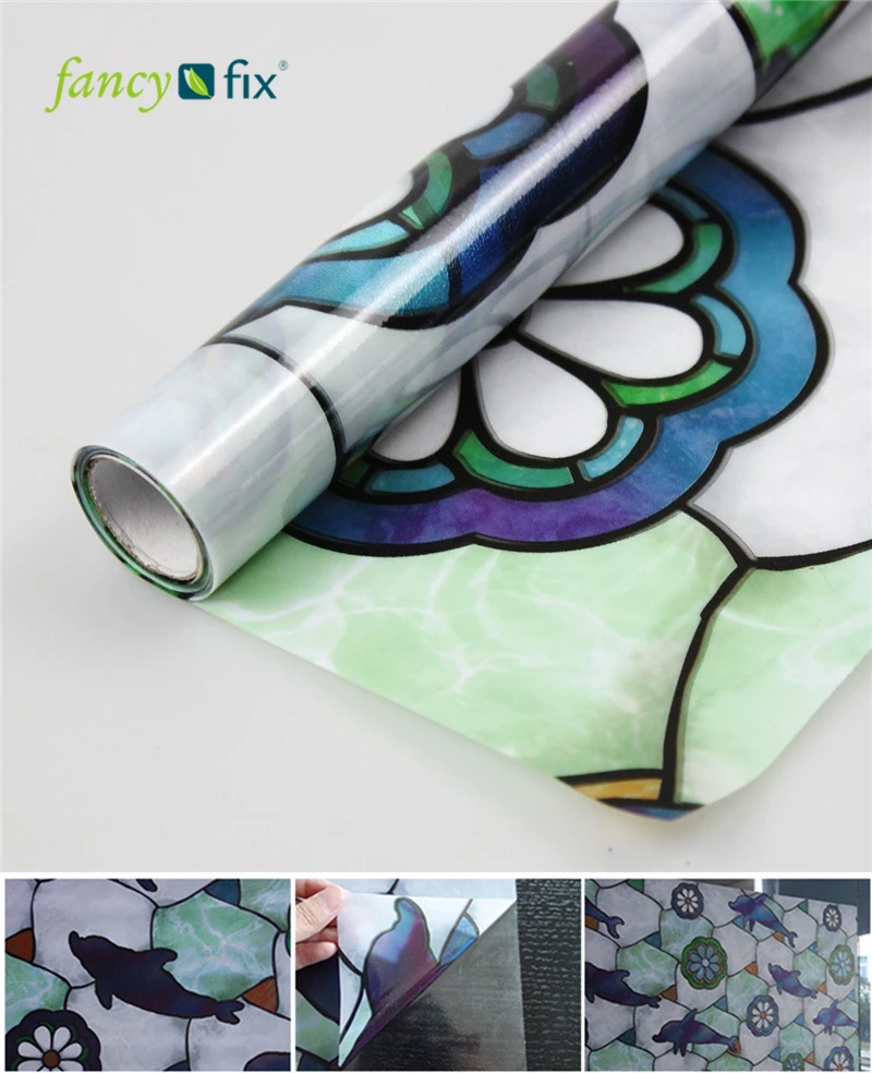 

FANCY-FIX Dolphin Stained Glass Window Film, Privacy for Shower,PVC Static Cling Decorative Film, Easy DIY Bathroom,45 cm Width