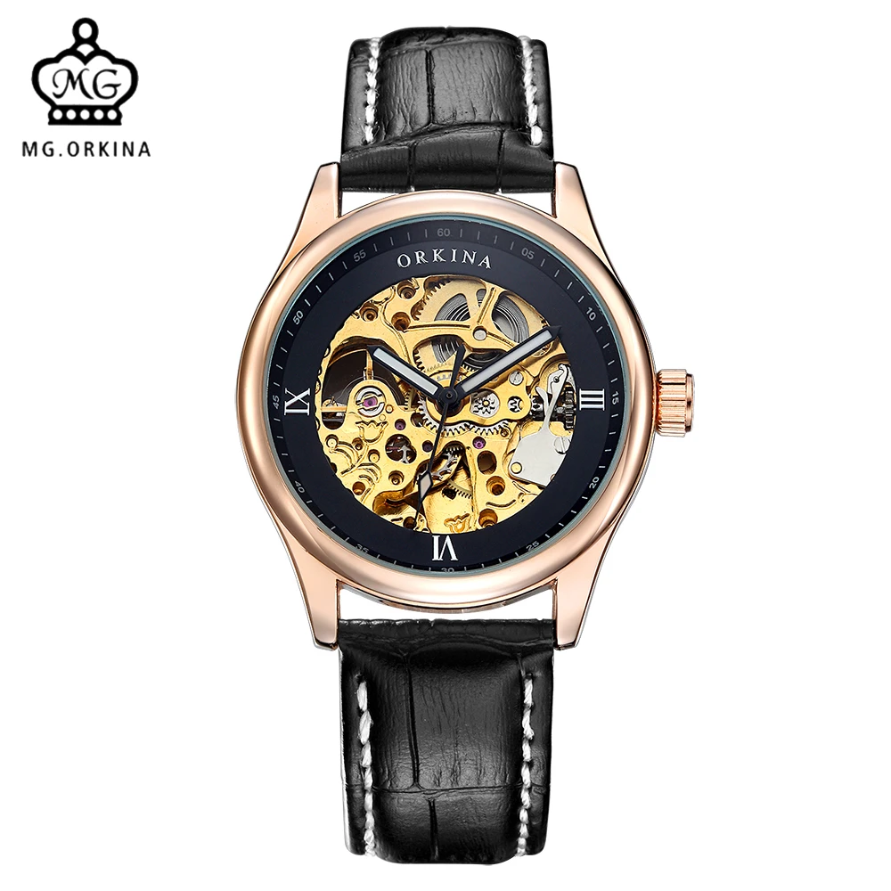 

MG. ORKINA Brand Mens Watch Luxury Golden Skeleton Mechanical Watch Leather Strap Rose Gold Case Male Wristwatch Montre Homme