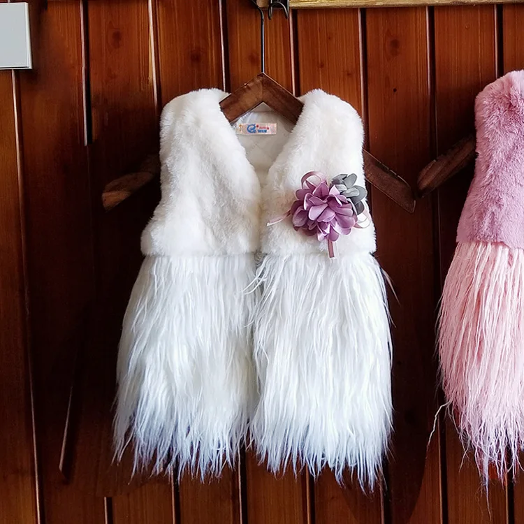 Белый Patchwork Faux Fur furry Waistcoat Thick Coat Flowers Casual Outwear Kids Girl Stylish Fur Vest Baby Girl Winter Warm Clothes - Цвет: Белый