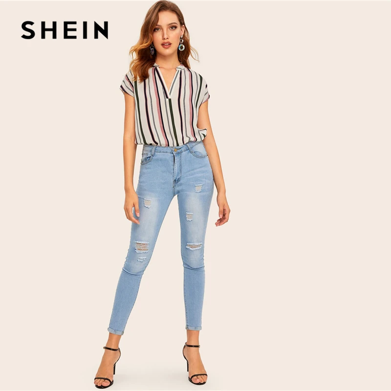SHEIN, разноцветный топ в полоску с v-образным вырезом, летняя блузка, женская летняя рабочая одежда с глубоким подолом и рукавом-крылышком, повседневные женские топы и блузки