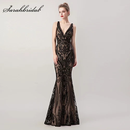 Black Robe De Soiree, Русалка, вечерние платья, съемный v-образный вырез, аппликация, сексуальный пояс, кристалл, тюль, вечерние платья, реальные фотографии, WT5265 - Цвет: Black
