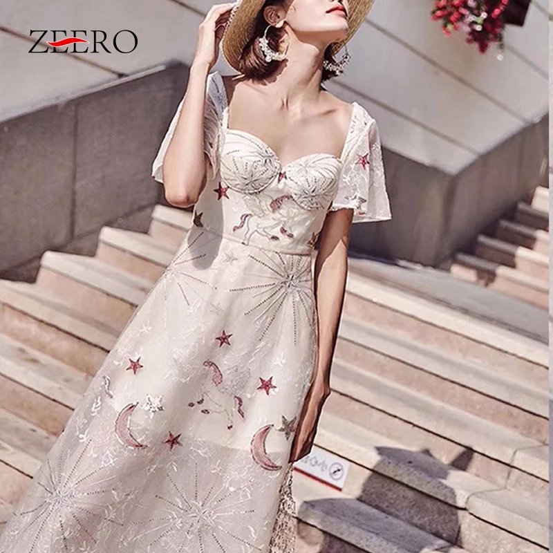 

Embroidery Women Summer Dress 2023 Sweet Star Moon Sequined Sexy Strapless Backless Short Sleeve Mesh Long Party Dress Vestidos
