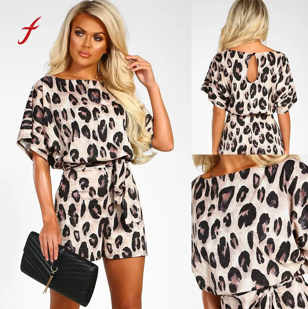 Feitong playsuit женские леопардовые летние круглым вырезом короткий рукав широкие брюки Strappy короткий комбинезон сексуальные комбинезоны для женщин#3,5