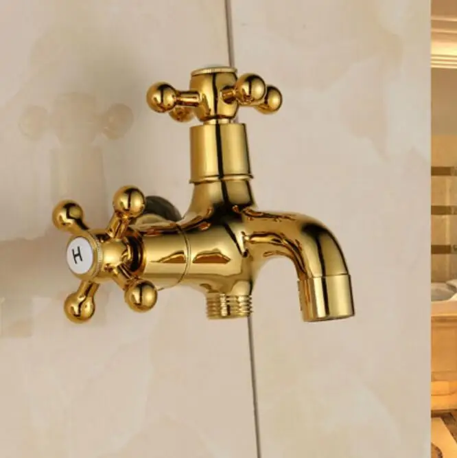 

New Arrival Golden total brass double use washing machine faucet,garden & Bathroom Wall Mounted basin faucet with cross handle