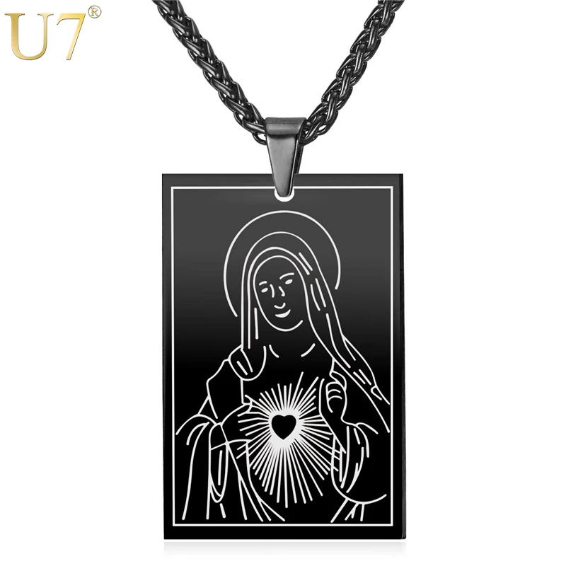 

U7 Square Pendant Necklace Gold Color Stainless Steel Catholic Religious Mother Virgin Mary Jewelry Gift For Men/Women P1060