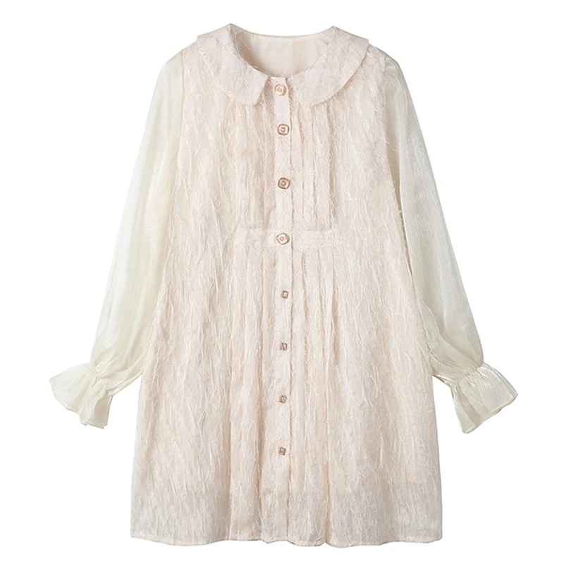 

PERHAPS U Beige Peter Pan Collar Flare Long Sleeve Button Feather A-line Mini Dress Female Women Summer Casual D1471