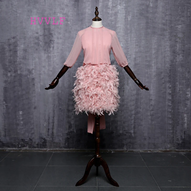 

Pink Sheath High Collar Long Sleeves Open Back Chiffon Feather Bow Short Mini Cocktail Dresses Homecoming Dresses 2018