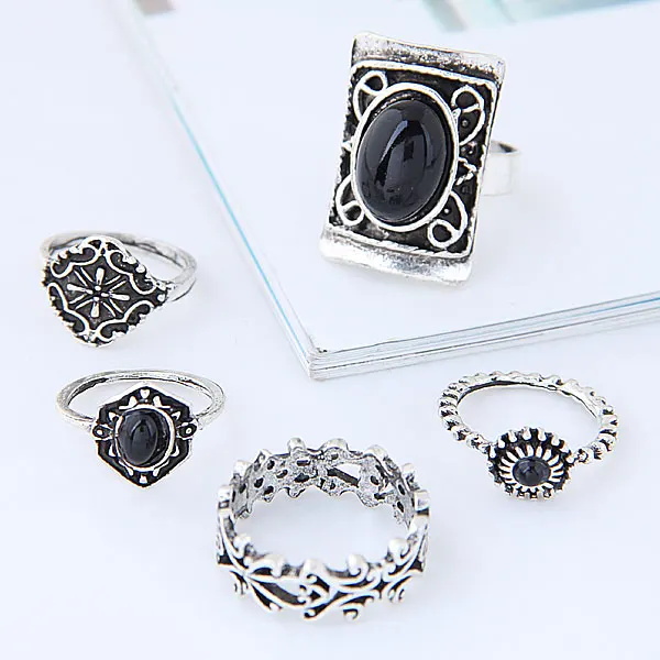 Винтажное Бохо кольцо 5 шт./компл. античная бронза серебряный цвет черный камень