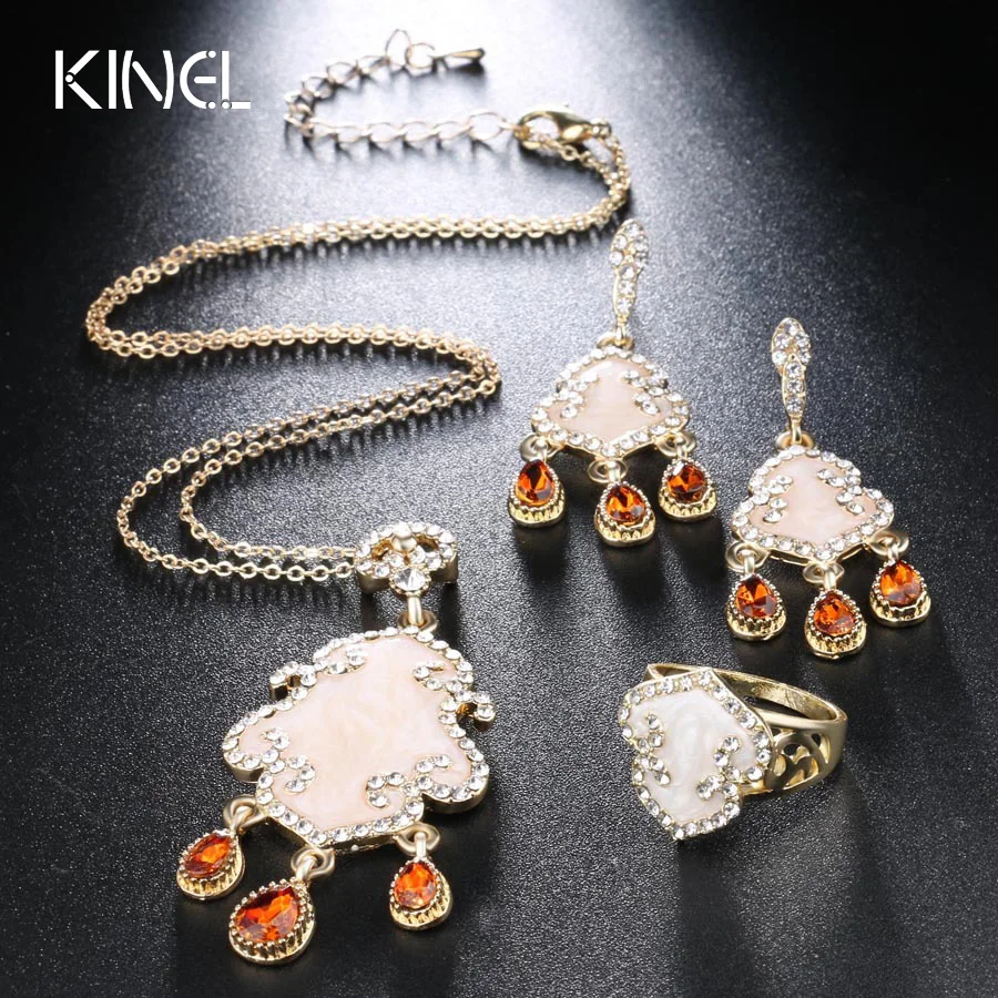 Женский ювелирный комплект из колье серёг и кольца золотистого цвета|earrings rings for