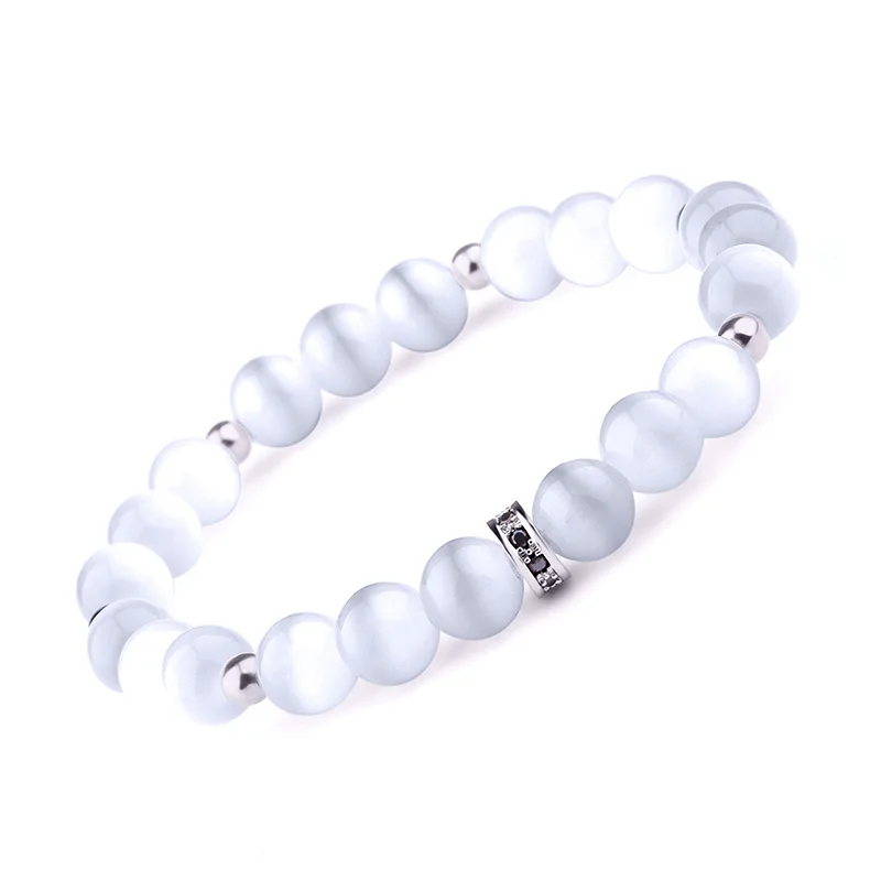 Горячая продажа 8 мм белый кошачий глаз бусины Браслет Подвески Золото Серебро CZ