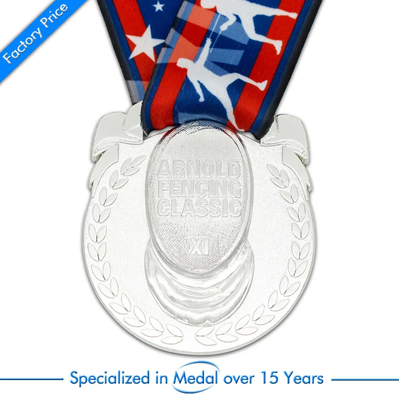 

China OEM silver medals cheap Customized Zinc Alloy Medal high quality 3D plating silver medals with tape