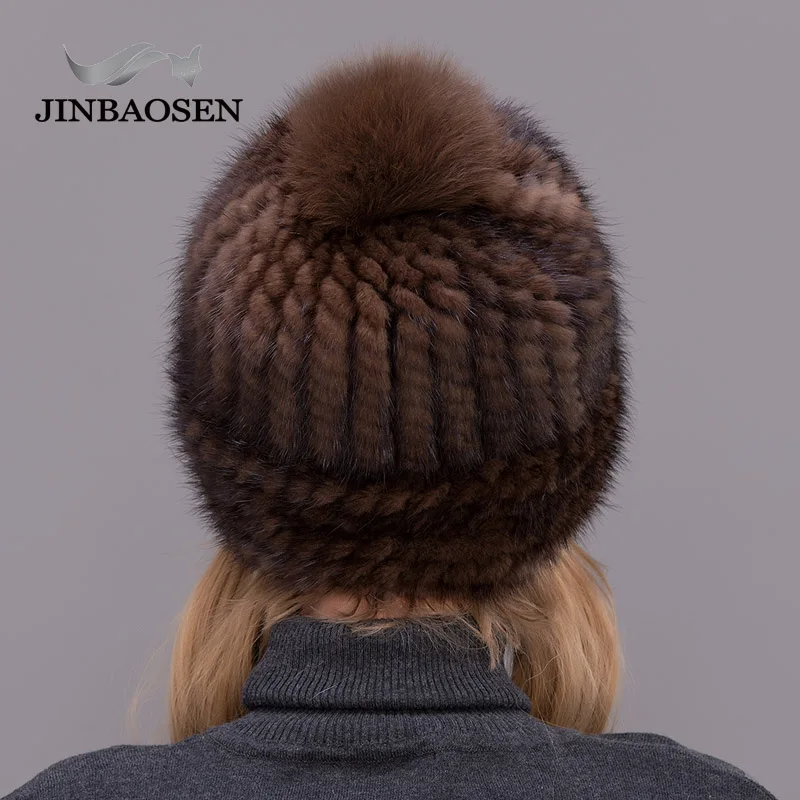 JINBAOSEN новая Толстая шапка женская зимняя вязаная с помпоном из лисьего меха