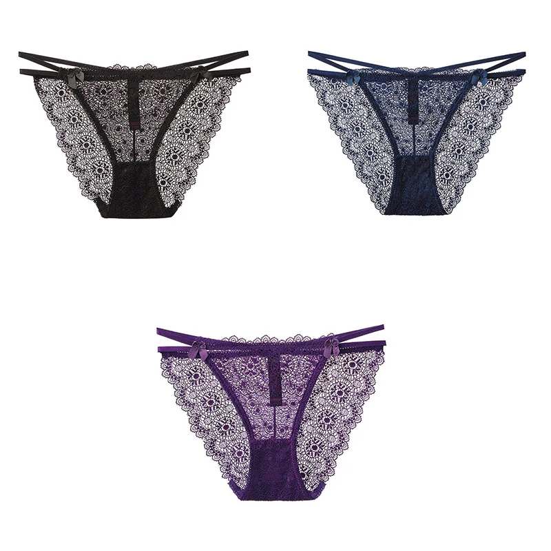 black blue purple 3 шт., сексуальные кружевные трусики, женское нижнее белье, дышащие женские трусики, новое нижнее белье для женщин, кружевные сексуальные M-XXL BANNIROU - Цвет: black blue purple