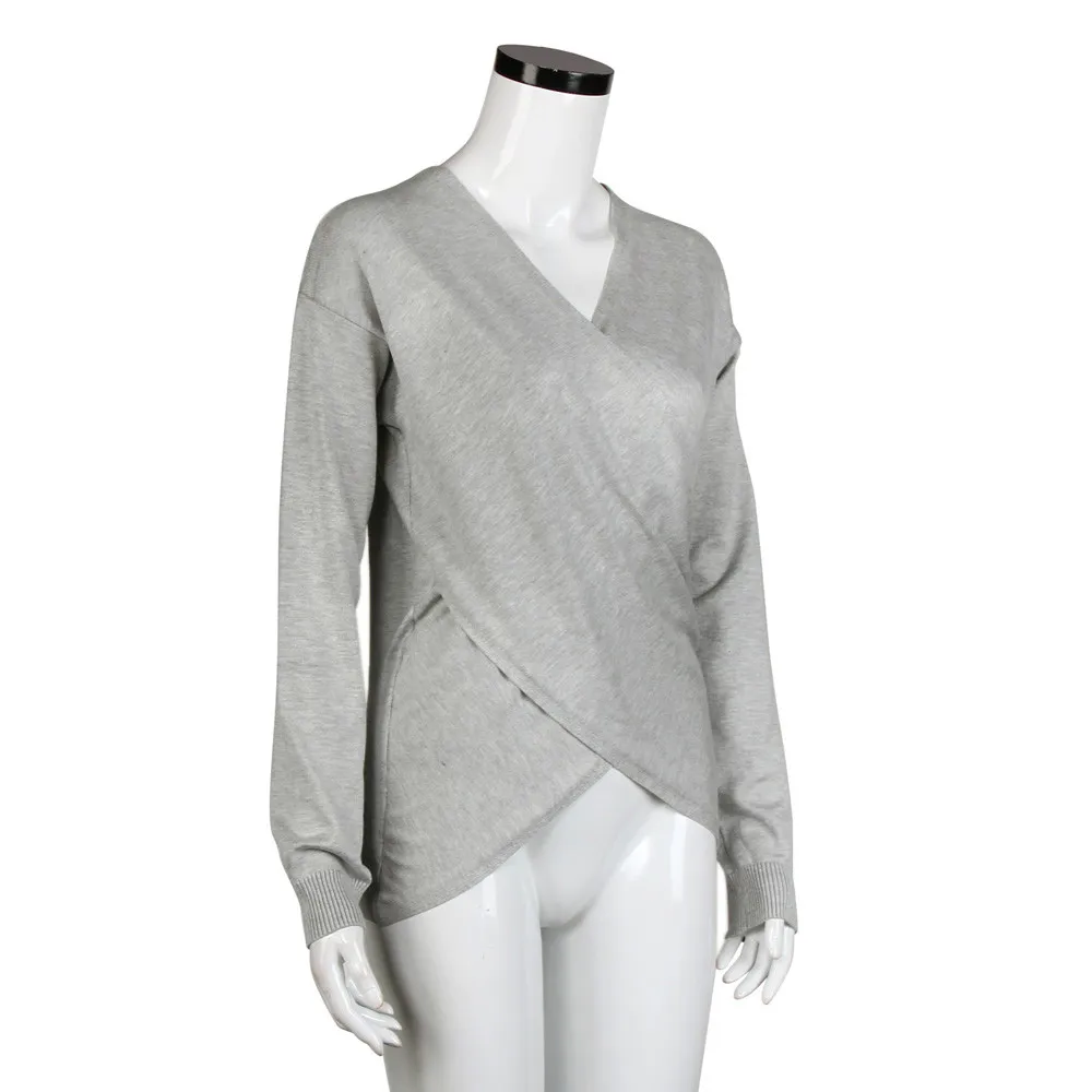 CHAMSGEND Womens Long V-Neck Sweater Cross Stitching Casual Knit Jumper Tops Se28 | Женская одежда