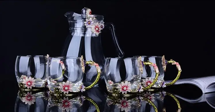 Европейский цветной эмалированный стеклянный чайник, кофейные наборы чашек, Термостойкое стекло, чай, молоко, цветок, чашка, чайник, подарки для друзей