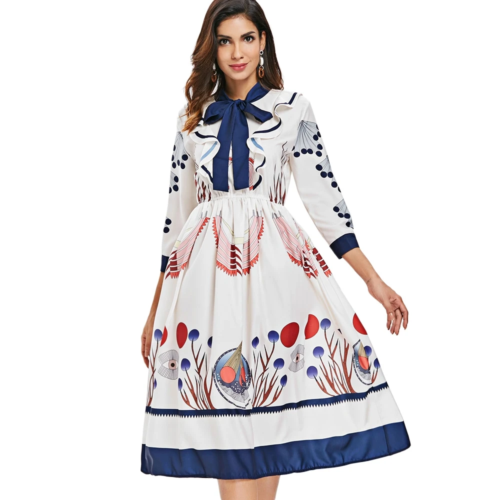 2018 женское платье с бантом на шее принтом и рюшами миди рукав 3/4 а силуэт