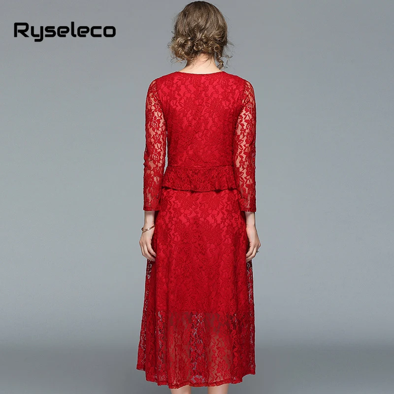 Ryseleco/осеннее модное платье из 2 предметов Красное Кружевное лоскутное тонкое