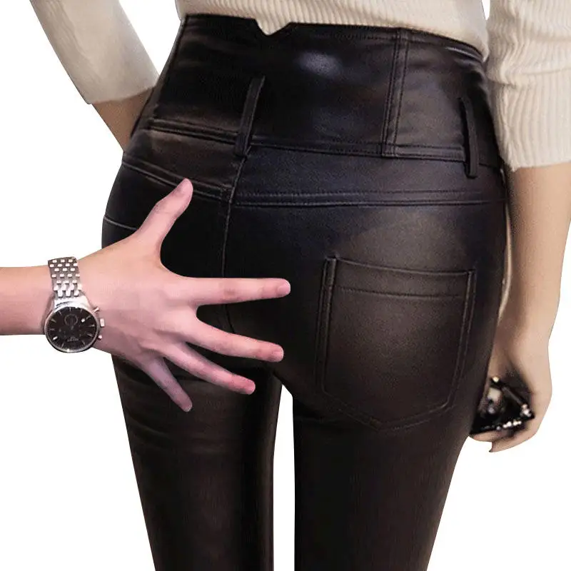 Plus Velvet Leather Pants Women Autumn Winter High Waist Leggings Women Plus Size 3XL Stretch Skinny Leggins Long Trousers C5020