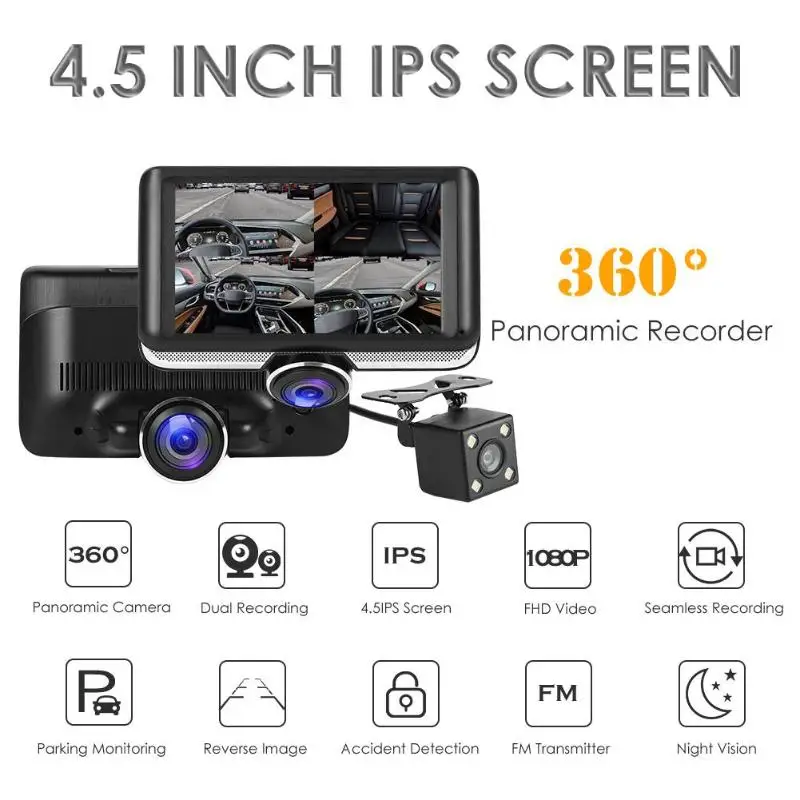 Автомобильная dvr камера 4,5 дюйма ips сенсорный экран 360 градусов панорамный двойной объектив ночное видение циклическая запись парковки Мониторинг DVR камера