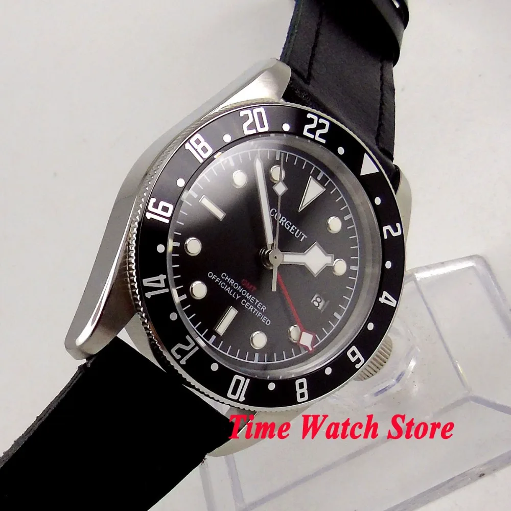 Solid 41mm Corgeut 20ATM mechanical auto watch men GMT waterproof leather strap luminous black dial Bezel sapphire date c116 | Наручные