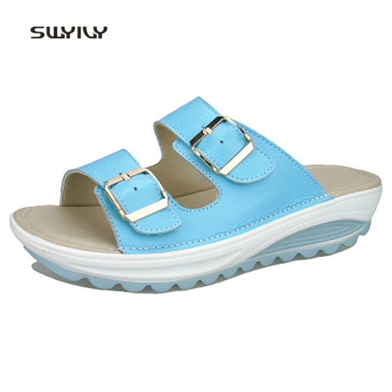 SWYIVY/Женская обувь для похудения из натуральной кожи танцев на платформе