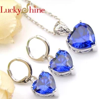luckyshine dazzling lover heart fire blue crystal cubic zirconia 925 silver pendants necklaces drop earrings jewelry sets