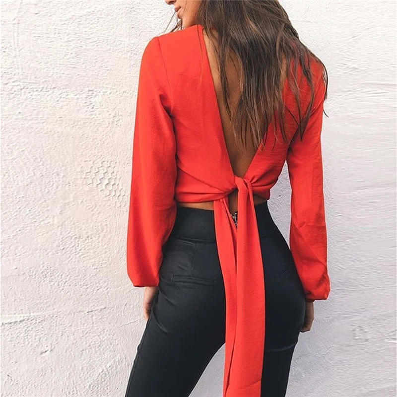 

2017 Autumn Women Sexy Blouse V Neck Long Sleeve Cross Bandage Bow Tie Sashes Backless Blouses Shirts Ladies Tops