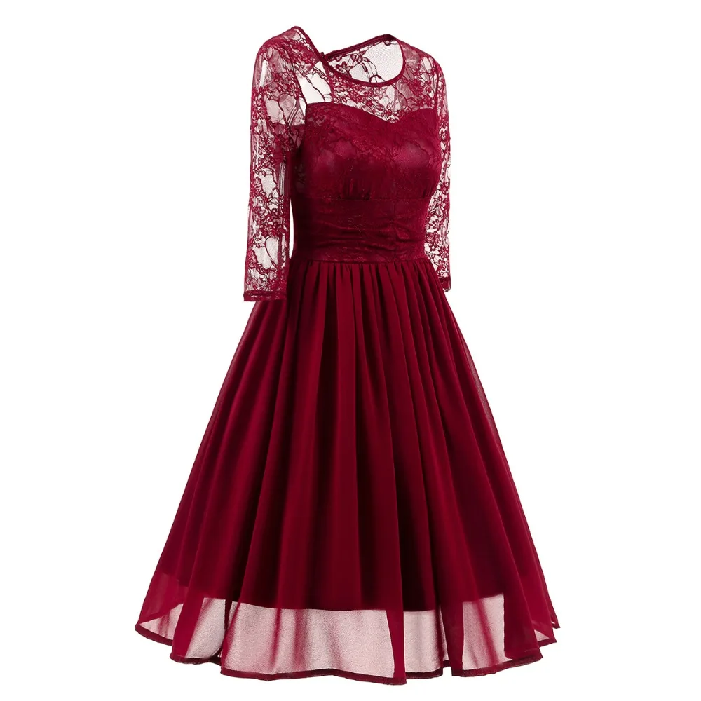 Элегантное женское кружевное платье с рукавом 3/4 плиссированное трапеция миди