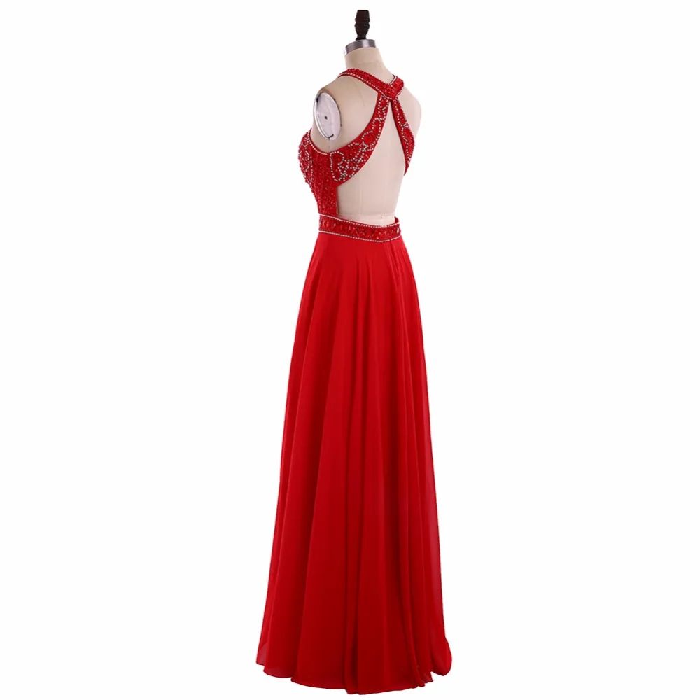 Пол Длина Холтер Вышивка Бисер блестками красный спинки Длинные платья
