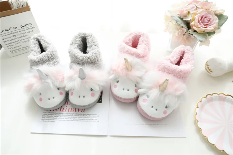 ASILETO Winter cartoon unicorn slippers fur Cotton shoes indoor floor lovely slippers Fluffy slip on cozy size 35-40 Pantoufle