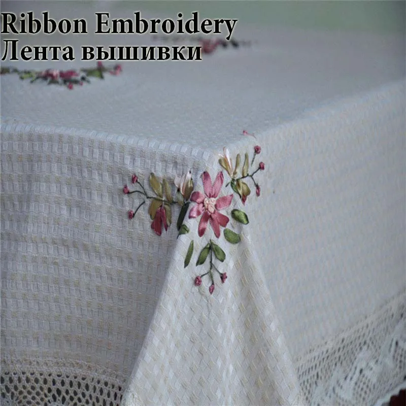 Ribbon embroidery Скатерть цвета слоновой кости с китайской вышивкой ручной работы, цветочные узоры, домашний декор, украшение стола, прямоугольные скатерти - Цвет: Ribbon embroidery