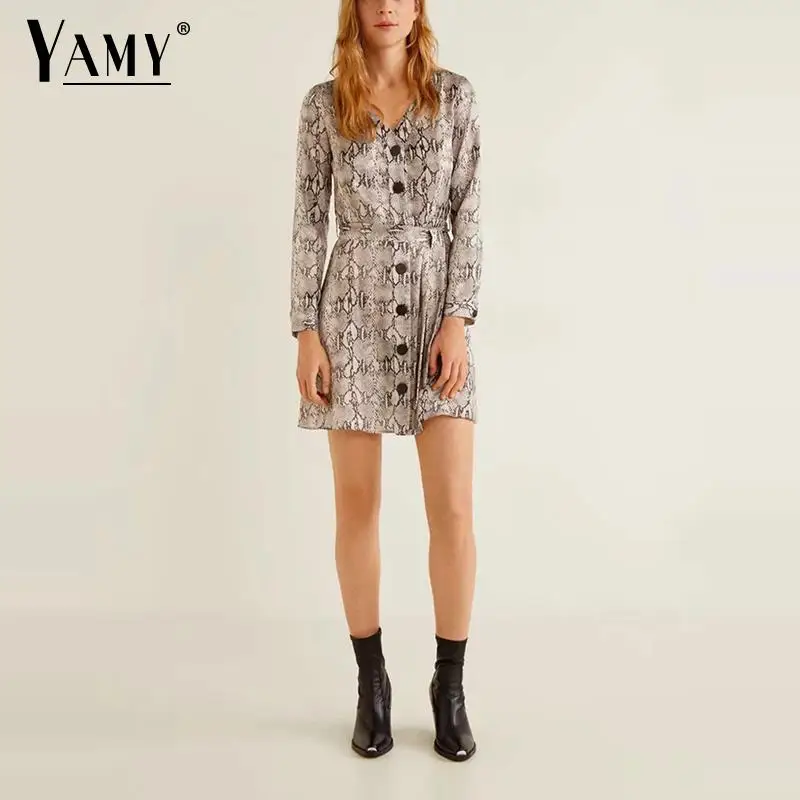 Летнее платье 2019 винтажное со змеиным принтом женское с длинным рукавом