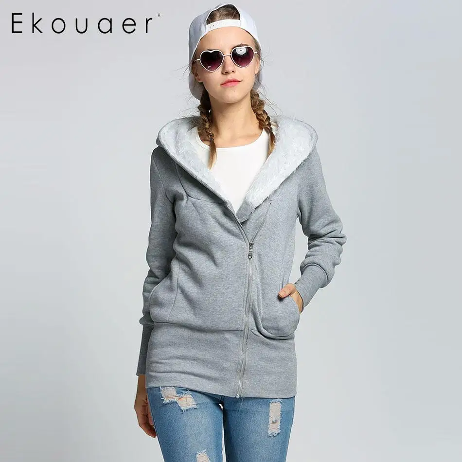 Женское пальто с капюшоном Ekouaer куртка толстовки теплая на молнии женская модная