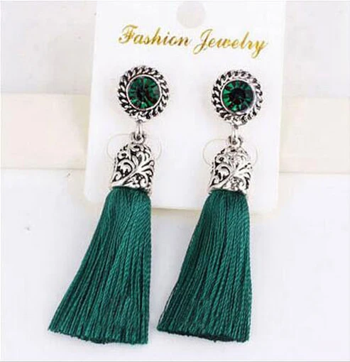 

Ethnic Bohemian Retro Silver Crystal Tassels Silk Thread Tassel Stud Earring For Women Gift Jewelry